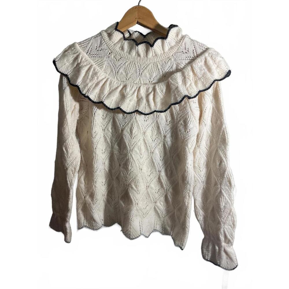 MNG Wool Blend White Ruffle Girlhoodcore Detail Knit Sweater S/M